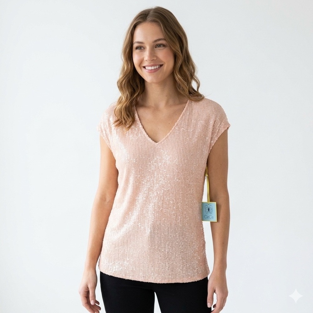 CeCe Sequin V-Neck Top Women S Blush Pink NWT Cap Sleeve C818990I